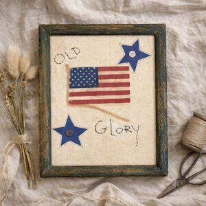 Primitive Old Glory Needlepoint Framed Americana Flag Rustic Patriotic Folk Art